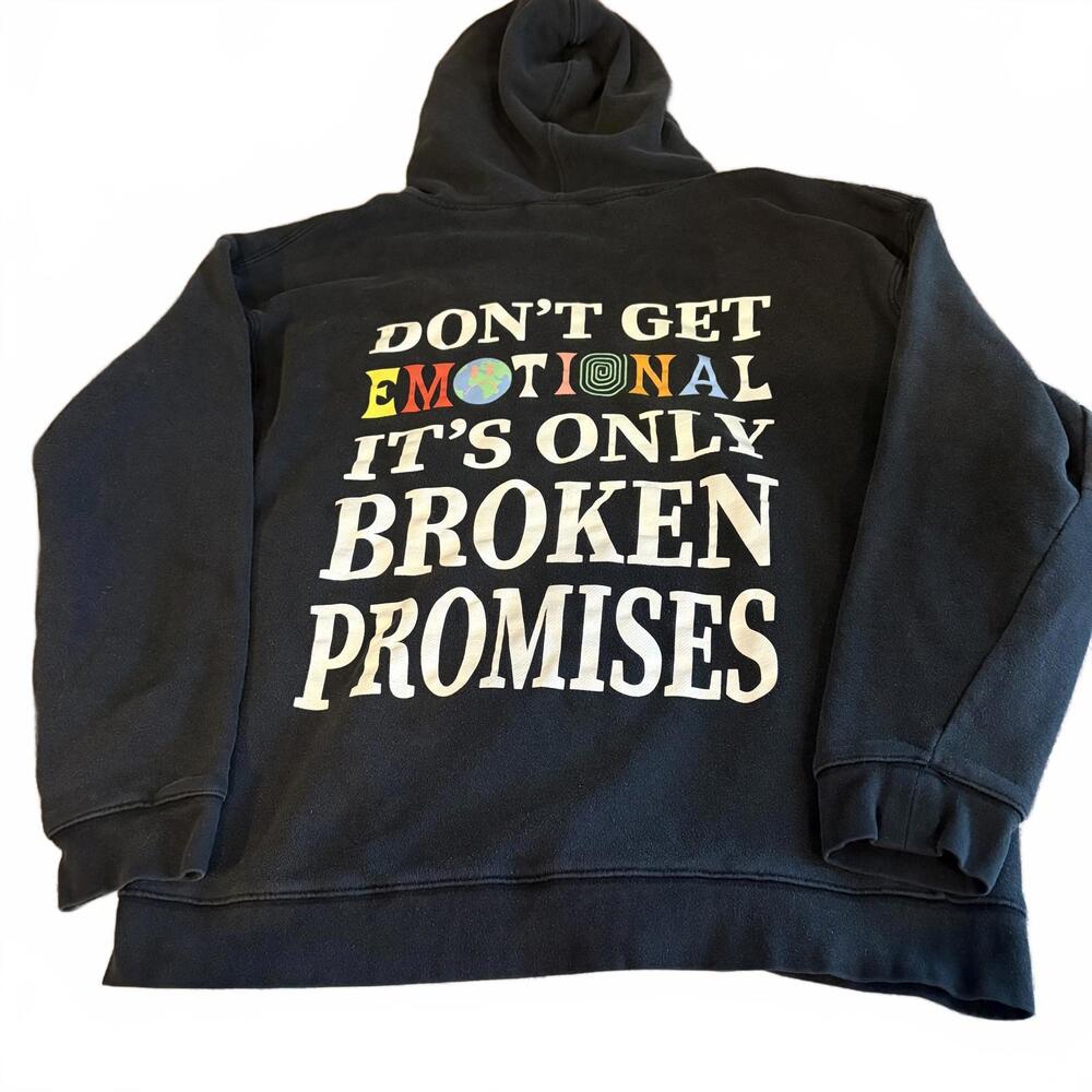 Broken Promises Faded Black Emotional Graphic Hoodie Medium Streetwear